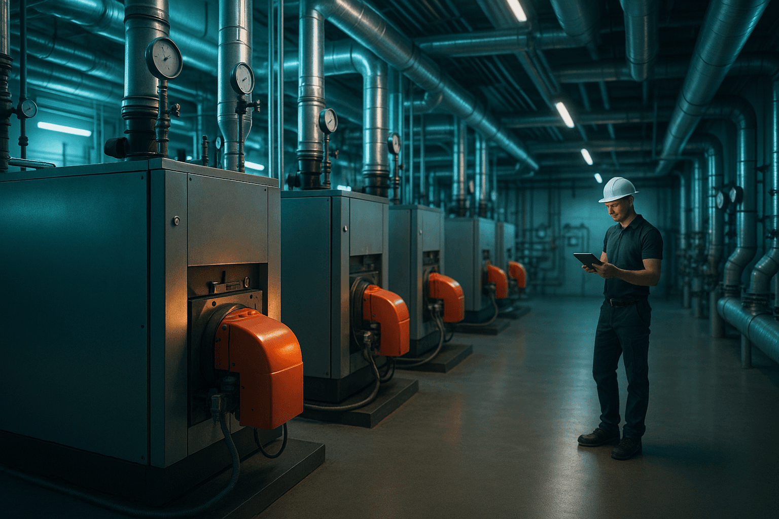 Technician reviewing a tablet in a modern industrial boiler room