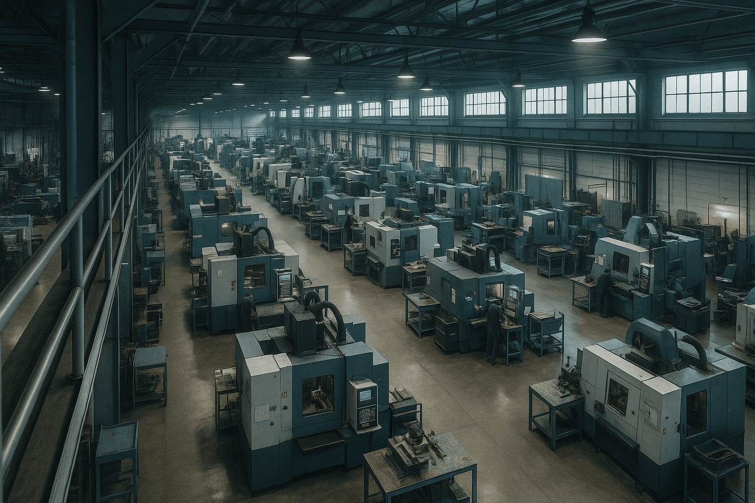Elevated view of an organized industrial manufacturing floor
